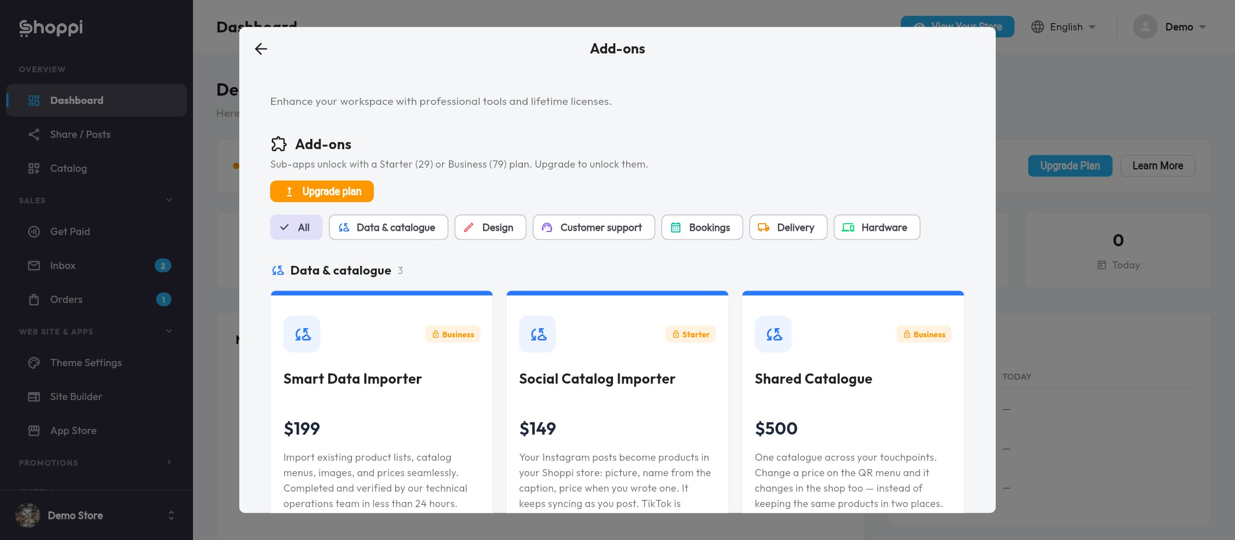 Shoppi POS dashboard: upgrades switch on and off here
