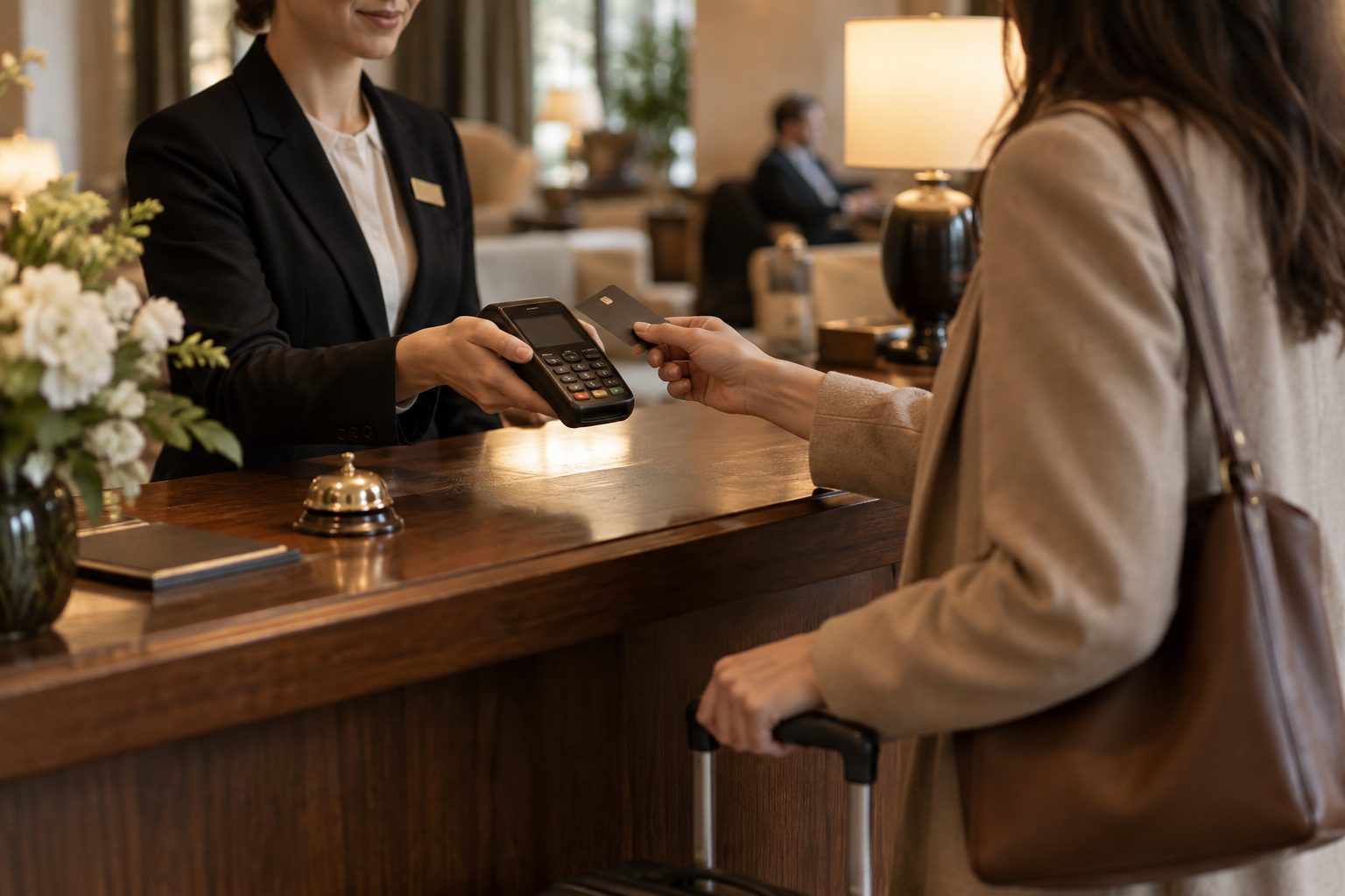 A hotel front desk taking payment with Shoppi Pay
